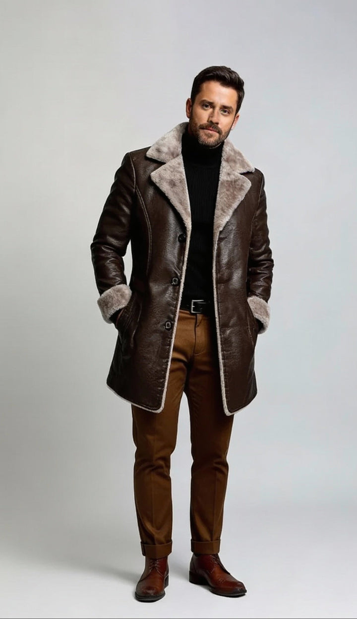 Men | Button-Up Fur Lined Leather Coat